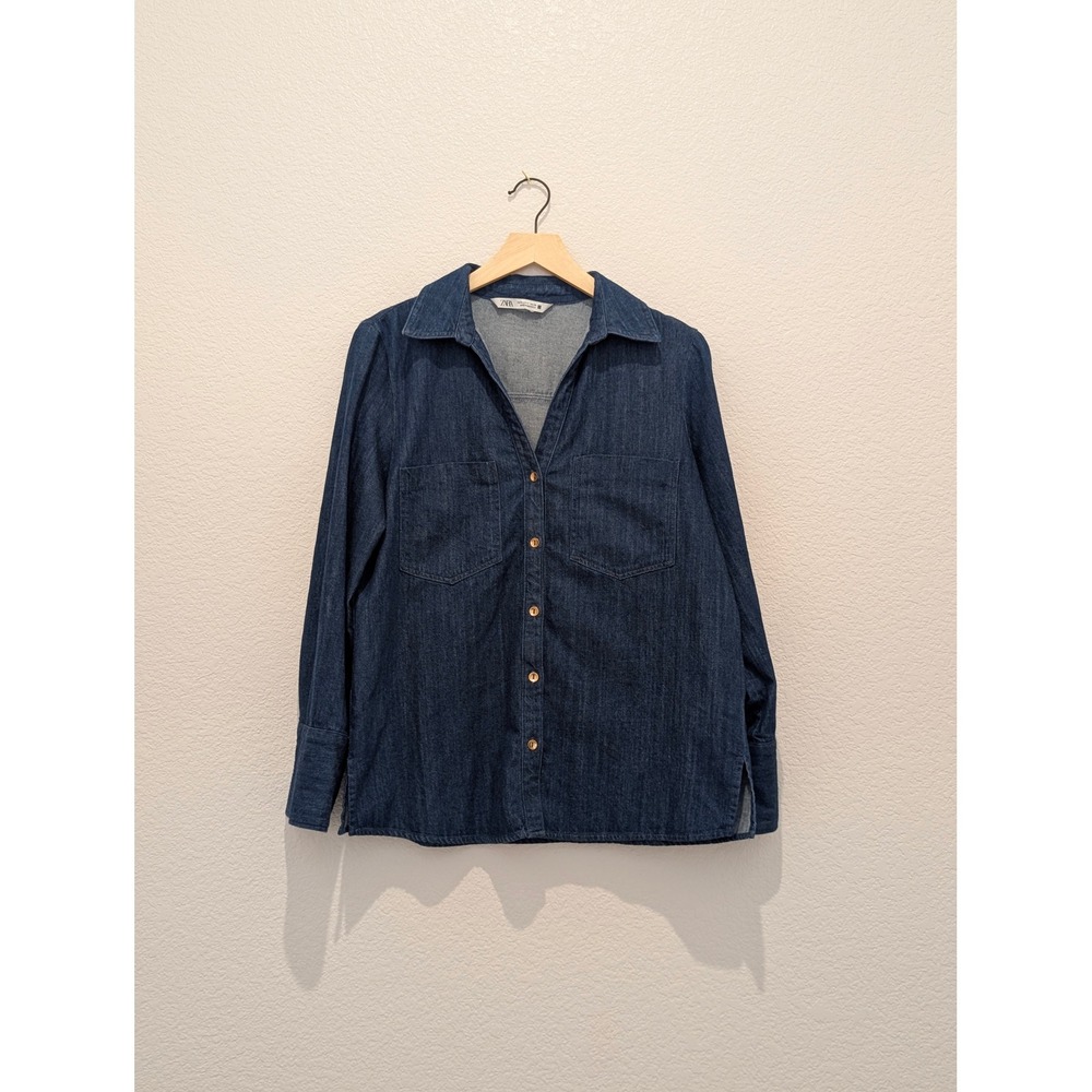 Zara Womens Dark Wash Denim Button Down Shirt Long Sleeve Pocket Blue Small